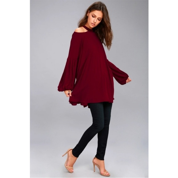 Free People Womens Drift Away Cold Shoulder Tunic Top S Burgundy Whimsigoth‎ - Picture 2 of 10
